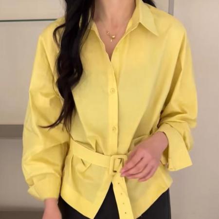 FA56481# 报单有货韩国东大门春新款时尚高级感系带收腰显瘦polo领衬衫上衣 服裝批發女裝批發服飾貨源