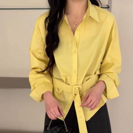 FA56481# 报单有货韩国东大门春新款时尚高级感系带收腰显瘦polo领衬衫上衣 服裝批發女裝批發服飾貨源