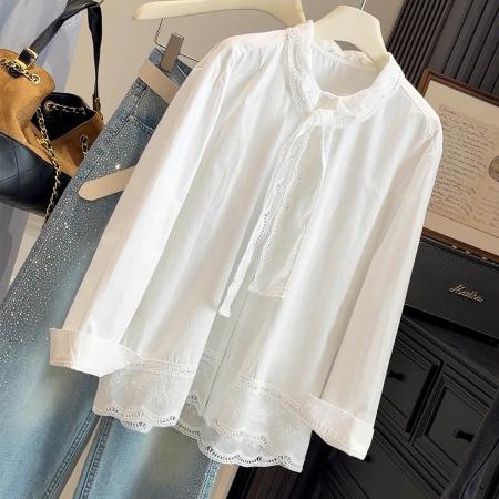 FA56482# 报单有货春蕾丝拼接系带衬衫长袖白色宽松显瘦百搭优雅通勤风上衣 服裝批發女裝批發服飾貨源