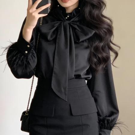 FA56483# 报单有货法式轻熟风贵气感洋气绝美上衣气质高级感红色绑带衬衫春 服裝批發女裝批發服飾貨源