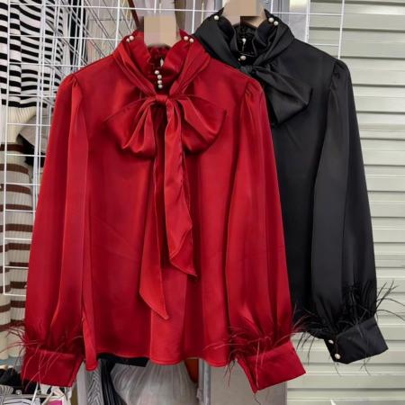 FA56483# 报单有货法式轻熟风贵气感洋气绝美上衣气质高级感红色绑带衬衫春 服裝批發女裝批發服飾貨源