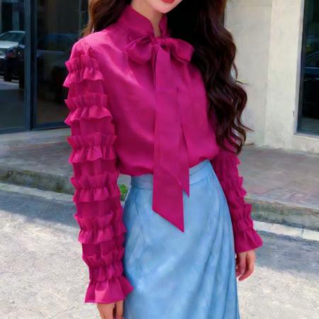 FA56484# 报单有货春季新款法式小香风蝴蝶结绑带气质名媛雪纺衬衫衬衣 服裝批發女裝批發服飾貨源