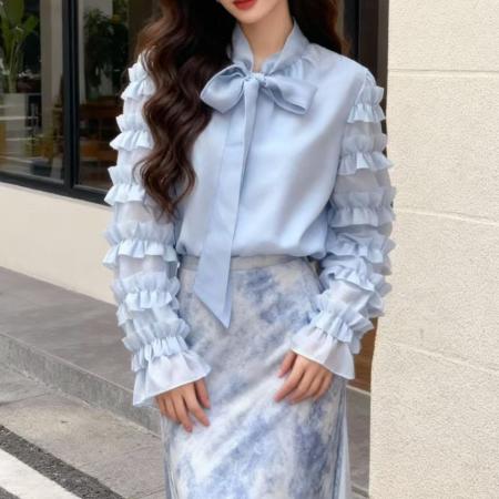 FA56484# 报单有货春季新款法式小香风蝴蝶结绑带气质名媛雪纺衬衫衬衣 服裝批發女裝批發服飾貨源
