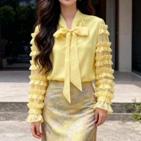 FA56484# 报单有货春季新款法式小香风蝴蝶结绑带气质名媛雪纺衬衫衬衣 服裝批發女裝批發服飾貨源