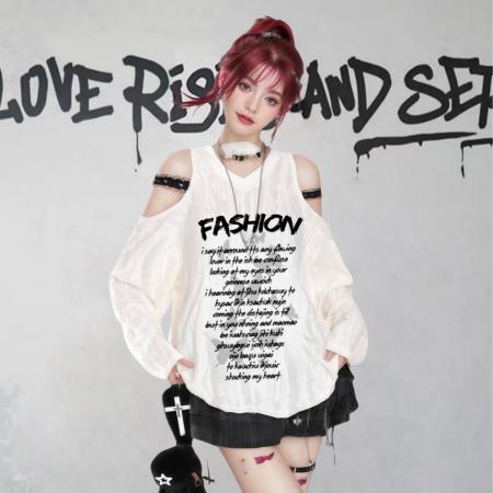 FA56487# 美式甜酷长袖T恤女春秋亚文化风设计感宽松露肩上衣女 服裝批發女裝批發服飾貨源