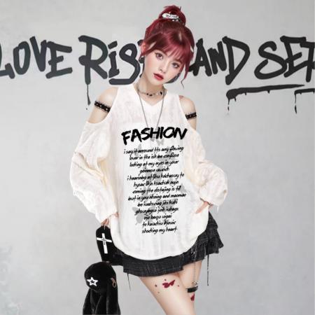 FA56487# 美式甜酷长袖T恤女春秋亚文化风设计感宽松露肩上衣女 服裝批發女裝批發服飾貨源