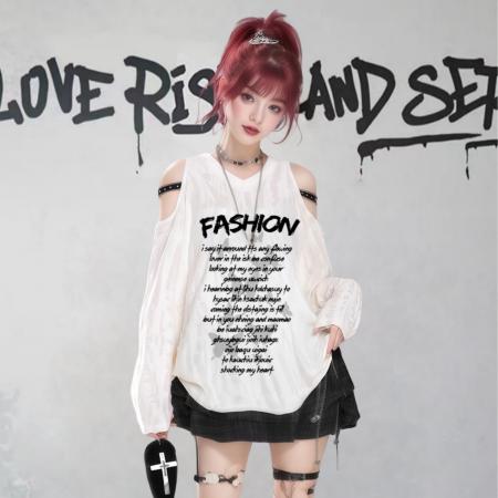 FA56487# 美式甜酷长袖T恤女春秋亚文化风设计感宽松露肩上衣女 服裝批發女裝批發服飾貨源