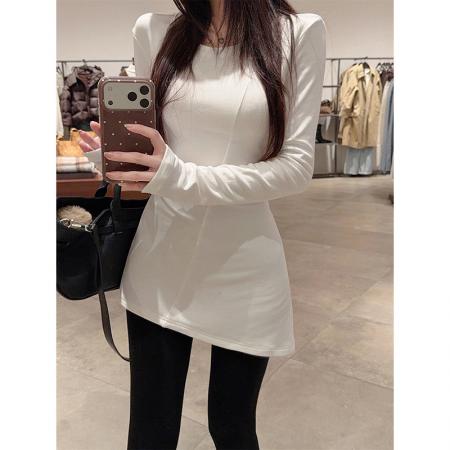 FA56488# 白色不规则打底衫女磨毛内搭中长款长袖t恤特别漂亮掐腰修身上衣 服裝批發女裝批發服飾貨源