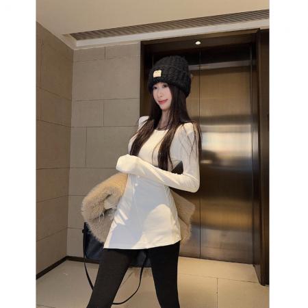 FA56488# 白色不规则打底衫女磨毛内搭中长款长袖t恤特别漂亮掐腰修身上衣 服裝批發女裝批發服飾貨源