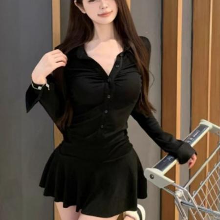 FA56489# 美式Polo领黑色长袖连衣裙纯欲辣妹褶皱运动修身收腰显瘦短裙裙子 服裝批發女裝批發服飾貨源