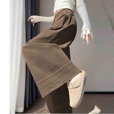 FA56490# 咖色设计感复古抽绳休闲裤女秋季阔腿宽松显瘦慵懒气质百搭长裤子 服裝批發女裝批發服飾貨源