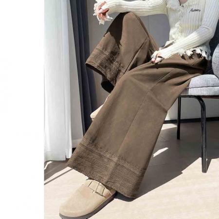 FA56490# 咖色设计感复古抽绳休闲裤女秋季阔腿宽松显瘦慵懒气质百搭长裤子 服裝批發女裝批發服飾貨源