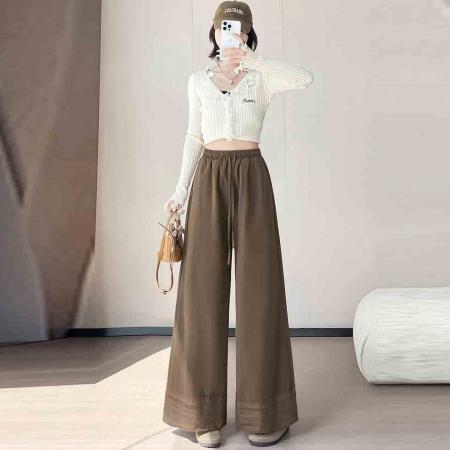 FA56490# 咖色设计感复古抽绳休闲裤女秋季阔腿宽松显瘦慵懒气质百搭长裤子 服裝批發女裝批發服飾貨源