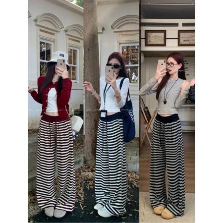 FA56491# 慵懒撞色条纹阔腿休闲裤女秋季新款高腰抽绳垂感拖地宽松长裤 服裝批發女裝批發服飾貨源