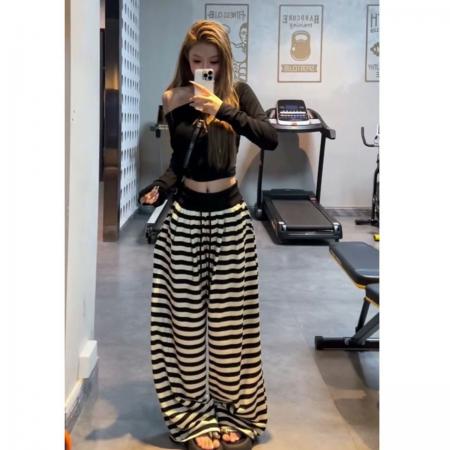 FA56491# 慵懒撞色条纹阔腿休闲裤女秋季新款高腰抽绳垂感拖地宽松长裤 服裝批發女裝批發服飾貨源
