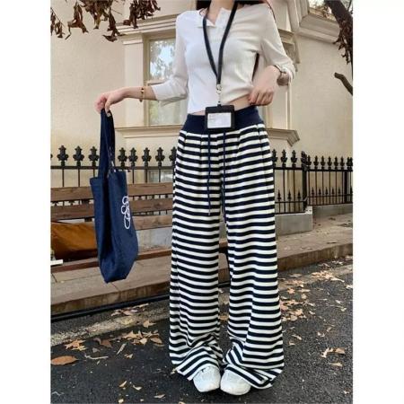 FA56491# 慵懒撞色条纹阔腿休闲裤女秋季新款高腰抽绳垂感拖地宽松长裤 服裝批發女裝批發服飾貨源