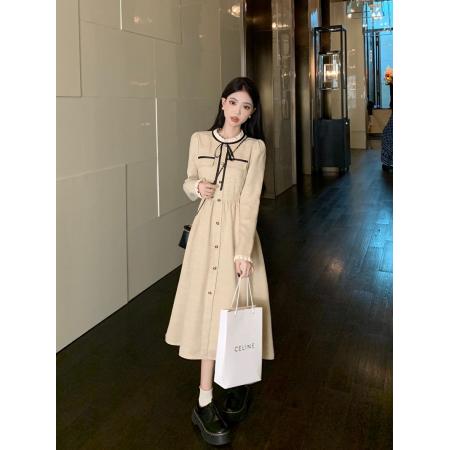 FA56493# 春装小香风连衣裙女新款名媛气质收腰显瘦中长款系带长袖裙子 服裝批發女裝批發服飾貨源