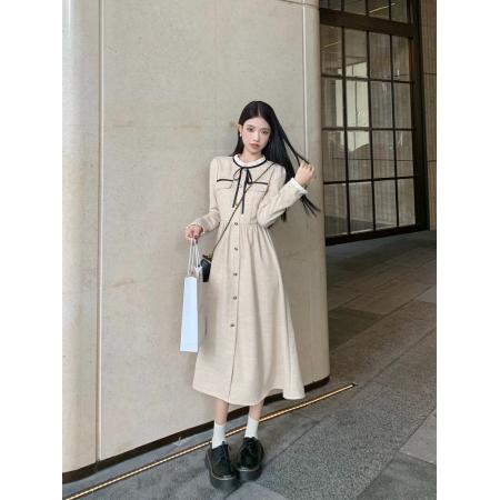 FA56493# 春装小香风连衣裙女新款名媛气质收腰显瘦中长款系带长袖裙子 服裝批發女裝批發服飾貨源