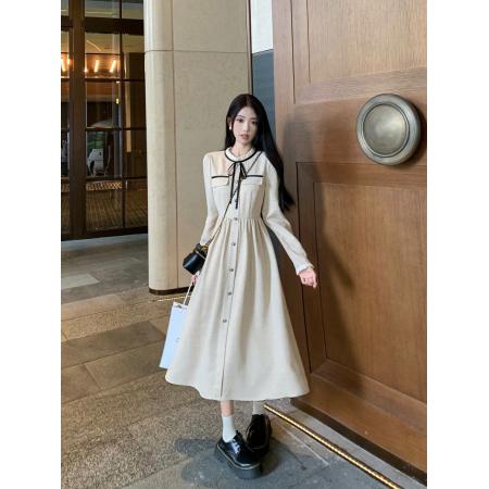 FA56493# 春装小香风连衣裙女新款名媛气质收腰显瘦中长款系带长袖裙子 服裝批發女裝批發服飾貨源