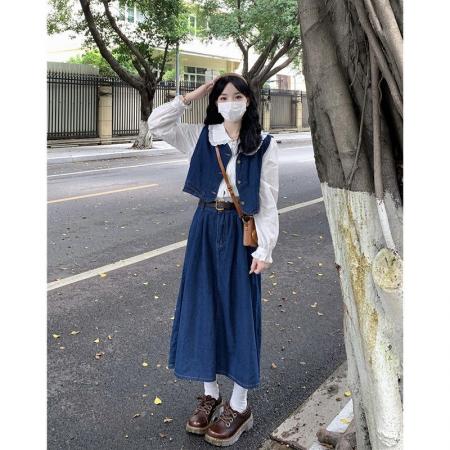 FA56495# 春秋新款小个子牛仔马甲外套女显瘦半身裙长裙子套装三件套女 服裝批發女裝批發服飾貨源