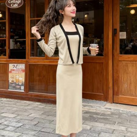 FA56496# 小众温柔风撞色吊带裙外搭开衫两件套女春秋气质包臀连衣长裙套装 服裝批發女裝批發服飾貨源