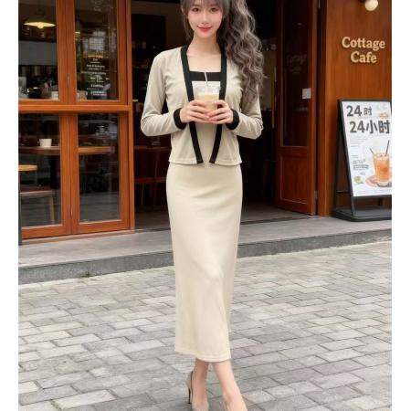 FA56496# 小众温柔风撞色吊带裙外搭开衫两件套女春秋气质包臀连衣长裙套装 服裝批發女裝批發服飾貨源