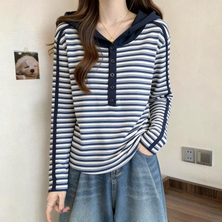 FA56498# 条纹长袖连帽...