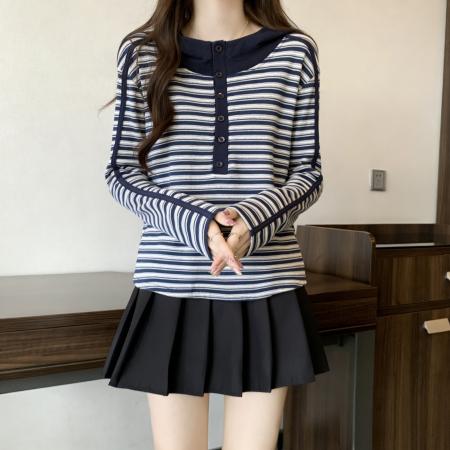 FA56498# 条纹长袖连帽t恤女秋季内搭打底衫新款大码胖mm收腰显瘦上衣 服裝批發女裝批發服飾貨源