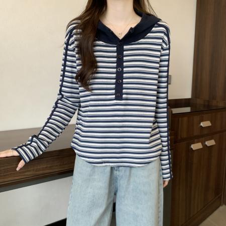 FA56498# 条纹长袖连帽t恤女秋季内搭打底衫新款大码胖mm收腰显瘦上衣 服裝批發女裝批發服飾貨源