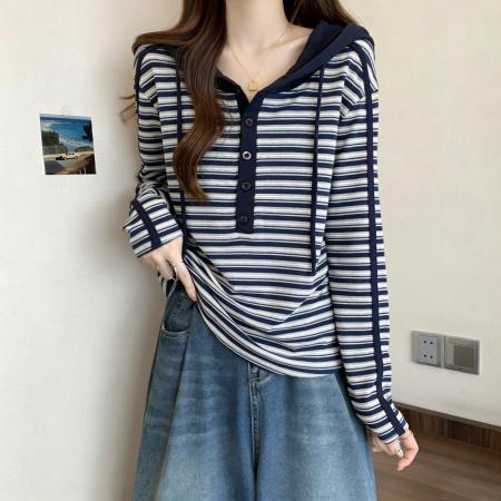 FA56498# 条纹长袖连帽t恤女秋季内搭打底衫新款大码胖mm收腰显瘦上衣 服裝批發女裝批發服飾貨源