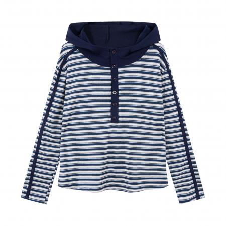 FA56498# 条纹长袖连帽t恤女秋季内搭打底衫新款大码胖mm收腰显瘦上衣 服裝批發女裝批發服飾貨源