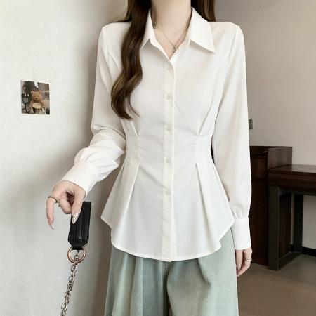 FA56499# 高级感白色雪纺衬衫女早秋新款大码胖MM显瘦收腰气质女士衬衣 服裝批發女裝批發服飾貨源