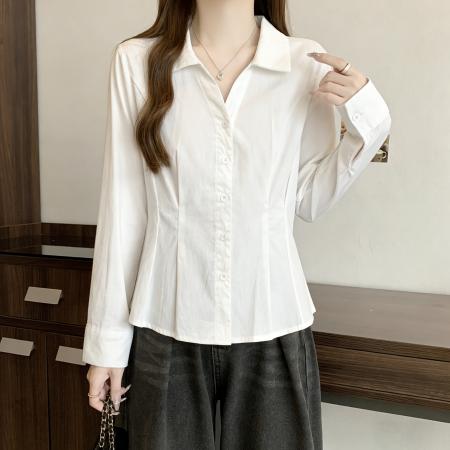 FA56499# 高级感白色雪纺衬衫女早秋新款大码胖MM显瘦收腰气质女士衬衣 服裝批發女裝批發服飾貨源