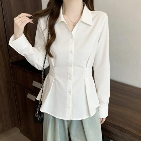 FA56499# 高级感白色雪纺衬衫女早秋新款大码胖MM显瘦收腰气质女士衬衣 服裝批發女裝批發服飾貨源