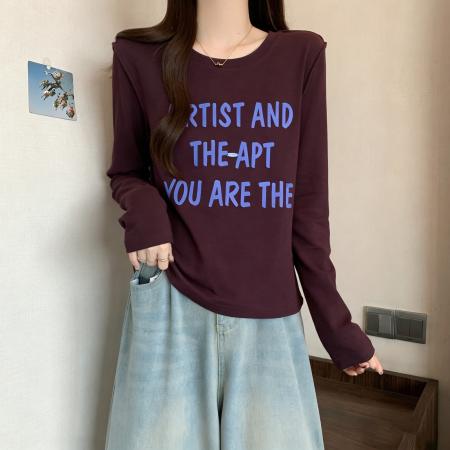 FA56500# 大码微胖纯棉减龄长袖T恤女装秋季百搭打底衫胖MM显瘦设计感上衣 服裝批發女裝批發服飾貨源