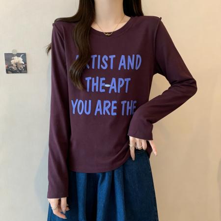 FA56500# 大码微胖纯棉减龄长袖T恤女装秋季百搭打底衫胖MM显瘦设计感上衣 服裝批發女裝批發服飾貨源