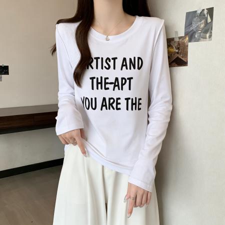 FA56500# 大码微胖纯棉减龄长袖T恤女装秋季百搭打底衫胖MM显瘦设计感上衣 服裝批發女裝批發服飾貨源