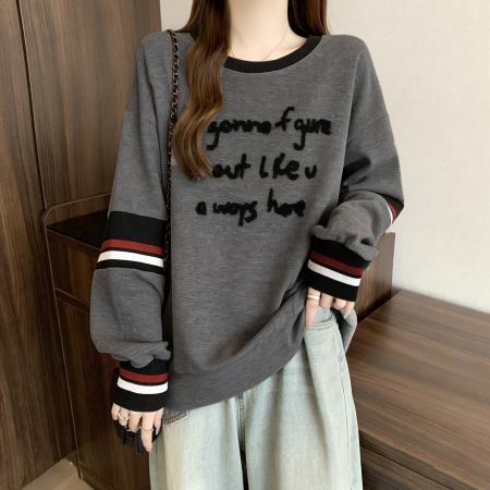 FA56501# 高级感灰色女士卫衣外套秋季新款大码胖mm宽松显瘦上衣爆款 服裝批發女裝批發服飾貨源