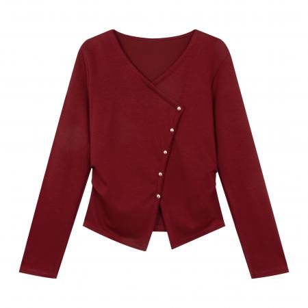 FA56502# 气质正肩V领长袖开衫T恤女秋季大码微胖mm遮肚子显瘦内搭打底上衣 服裝批發女裝批發服飾貨源