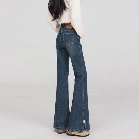 FA56503# 小个子开叉微喇牛仔裤女春季新款大码高腰胖mm显瘦修身喇叭裤 服裝批發女裝批發服飾貨源