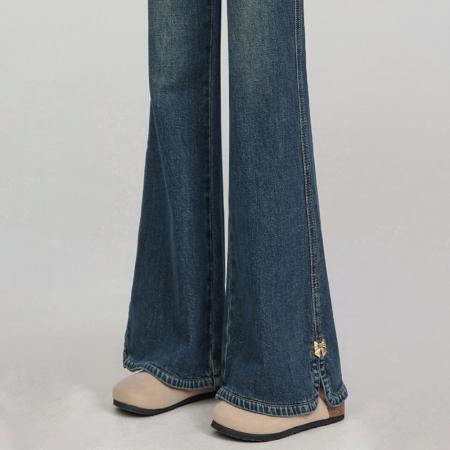 FA56503# 小个子开叉微喇牛仔裤女春季新款大码高腰胖mm显瘦修身喇叭裤 服裝批發女裝批發服飾貨源