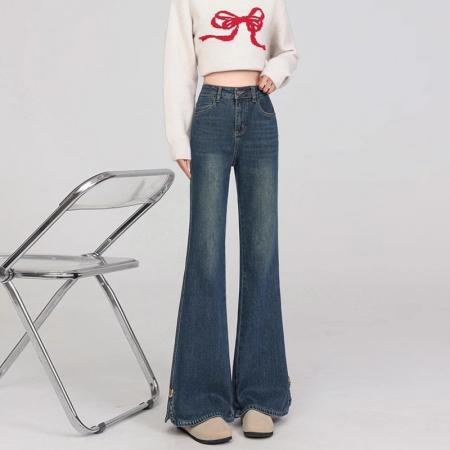 FA56503# 小个子开叉微喇牛仔裤女春季新款大码高腰胖mm显瘦修身喇叭裤 服裝批發女裝批發服飾貨源