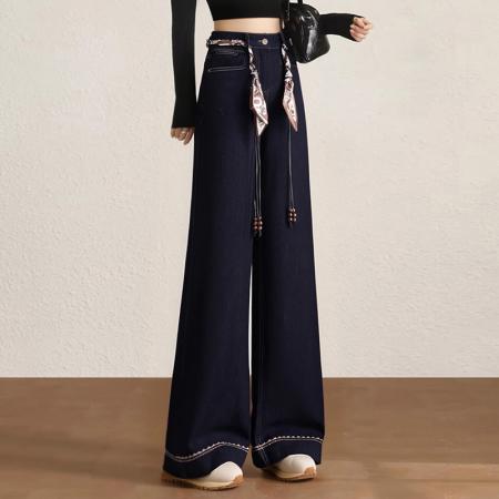 FA56504# 复古深蓝色胖mm直筒牛仔裤女装春秋显高显瘦大码高级感阔腿裤 服裝批發女裝批發服飾貨源