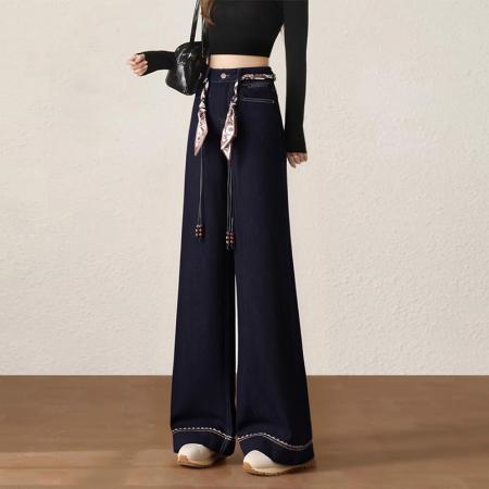 FA56504# 复古深蓝色胖mm直筒牛仔裤女装春秋显高显瘦大码高级感阔腿裤 服裝批發女裝批發服飾貨源