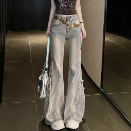 FA56505# 春秋小个子梨型身材大码毛边微喇叭牛仔裤女微喇显瘦马蹄裤 服裝批發女裝批發服飾貨源