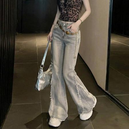 FA56505# 春秋小个子梨型身材大码毛边微喇叭牛仔裤女微喇显瘦马蹄裤 服裝批發女裝批發服飾貨源