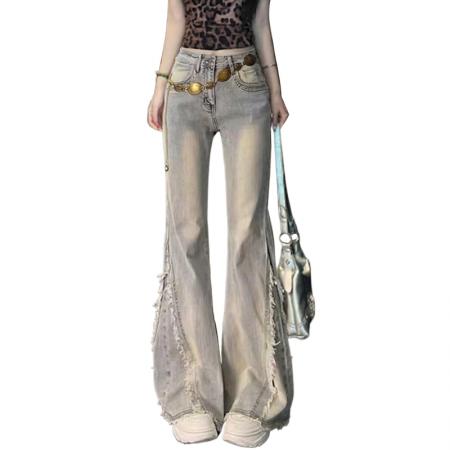 FA56505# 春秋小个子梨型身材大码毛边微喇叭牛仔裤女微喇显瘦马蹄裤 服裝批發女裝批發服飾貨源