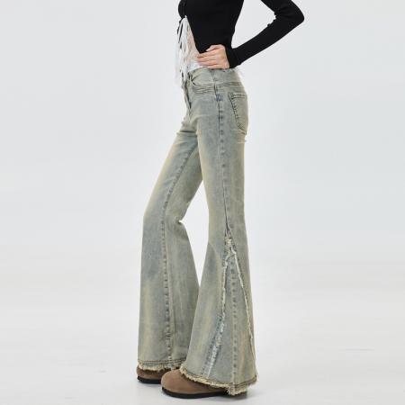 FA56506# 新款大码毛边微喇叭小个子梨型身材春秋牛仔裤女微喇显瘦马蹄裤 服裝批發女裝批發服飾貨源