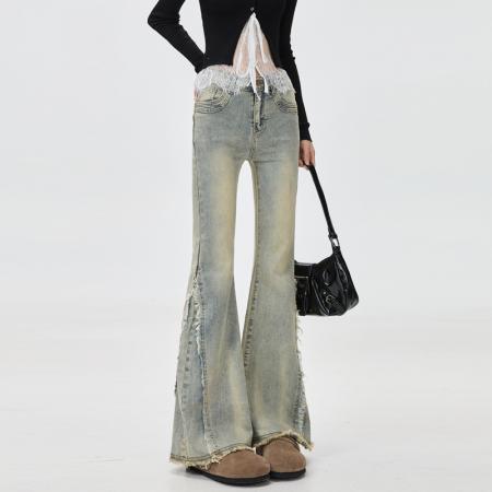 FA56506# 新款大码毛边微喇叭小个子梨型身材春秋牛仔裤女微喇显瘦马蹄裤 服裝批發女裝批發服飾貨源