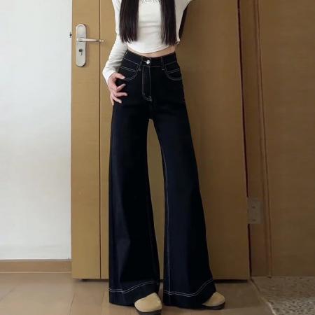 FA56507# 韩版黑色高腰百搭牛仔裤女春季新款大码胖mm宽松显瘦直筒阔腿长裤 服裝批發女裝批發服飾貨源